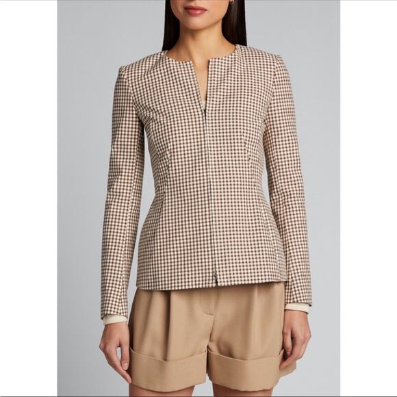 Theory Sculpture Grid Stretch Printed Zip Jacket Ivory Multi Tan NWT 00 Designer - Picture 3 of 16